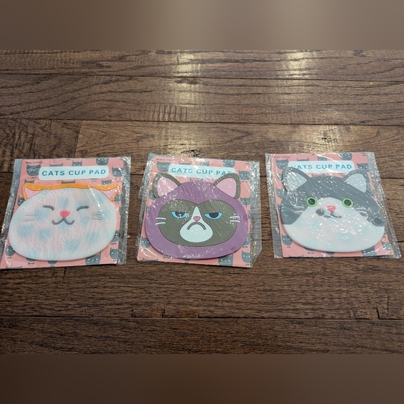 Cartoon Cat Coasters Set Grumpy & Happy, Cats Silicone Coasters Mat Pack of 3 - Picture 1 of 4